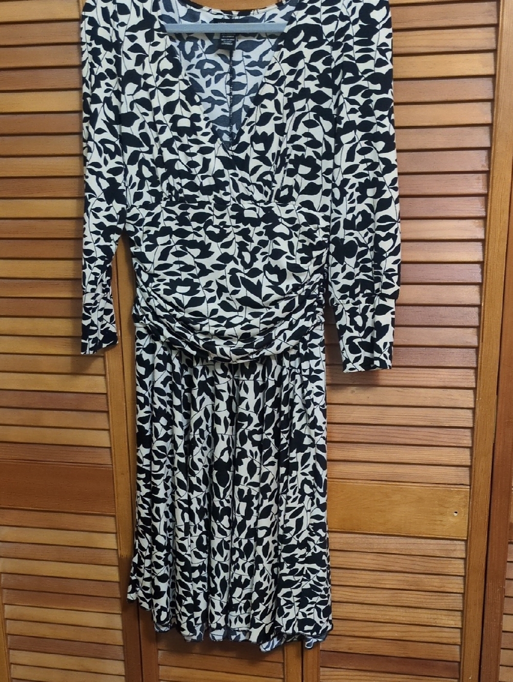 BCBG  MaxAzria black & beige Leaf-Print Faux Wrap Dress